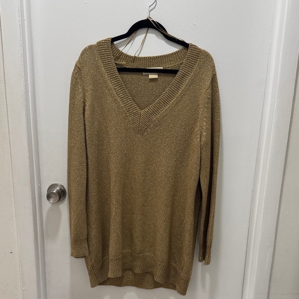 Michael Michael Kors Gold Metallic V Neck Sweater 1X Plus Size Knit Top